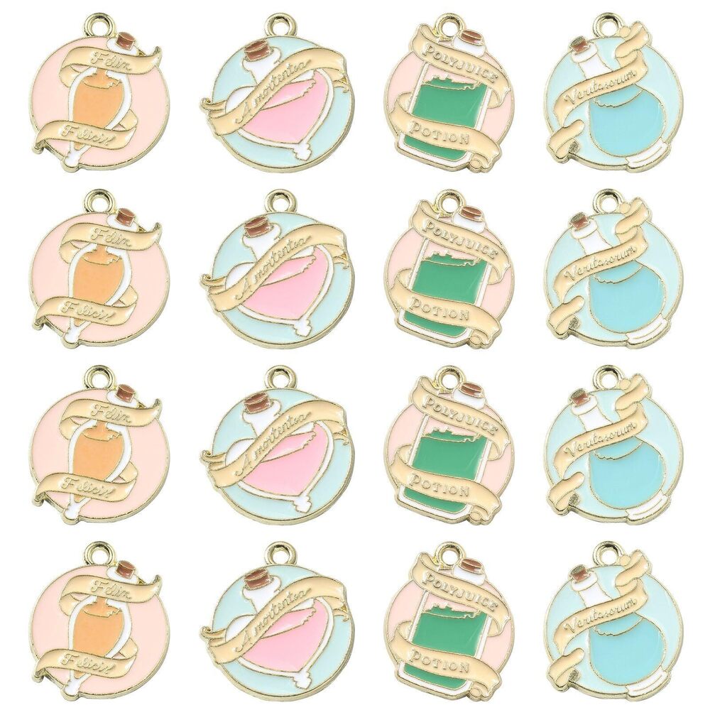 8644 20 Pcs 4 Styles Enamel Mini Flat Round with Potion Bottle Plated